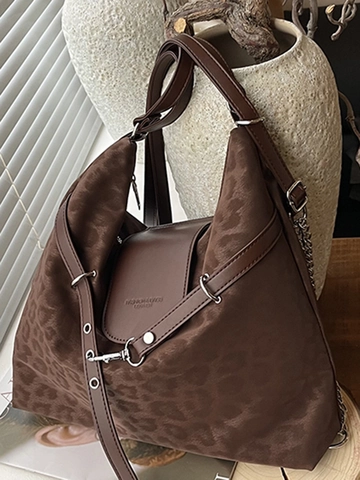Retro Large Capacity Leopard Print Suede Shoulder Bag For Women Fashion Tote Bag With Metal Chain Decoration Commuter Handbag