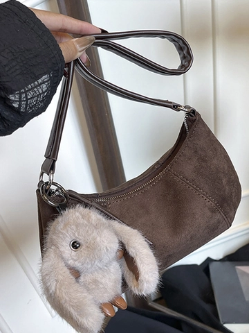 Borsa Hobo Vintage in Tessuto Scamosciato Con Ciondolo a Coniglietto Donna Autunno Inverno Borsa a Spalla Minimalista Versatile