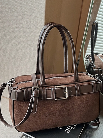 Dames Vintage Suède Tote Bag Stijlvolle Kunstleren Patchwork Schoudertas Grote Capaciteit Commuter Handtas Met Gesp Decoratie