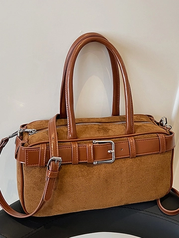 Dames Vintage Suède Tote Bag Stijlvolle Kunstleren Patchwork Schoudertas Grote Capaciteit Commuter Handtas Met Gesp Decoratie