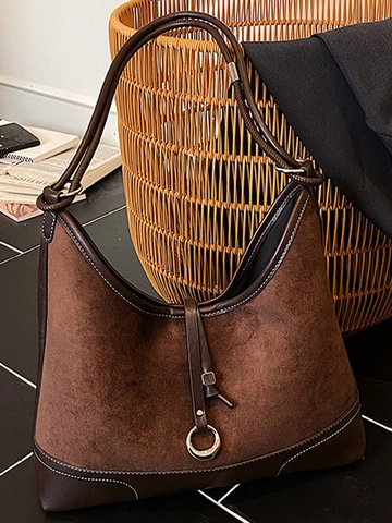 Koreanische Wildleder PU Schultertasche Große Kapazität Kontrastnähte Tote Bag Für Damen Vintage Hobo Tasche Täglich Büro Lässig Reise Tasche