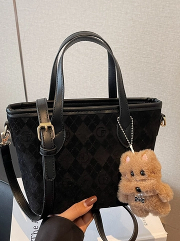 Bolso de Hombro de Cuero PU Vintage Monograma Celosía de Diamantes para Mujer Bolso de Bandolera de Moda con Colgante de Oso