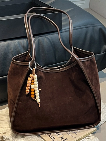 Vintage Wildleder Große Kapazität Einkaufstasche Für Damen Leopardenmuster Patchwork Schultertasche Mit Perlenanhänger Handtasche