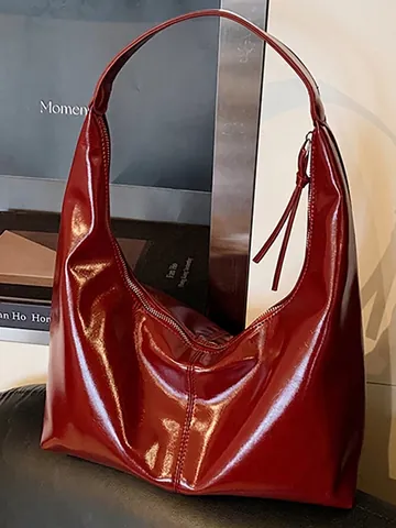 Damen Retro Glänzende PU Leder Hobo Schultertasche Große Kapazität Minimalistische Pendler Unterarm Tote Bag Reißverschluss