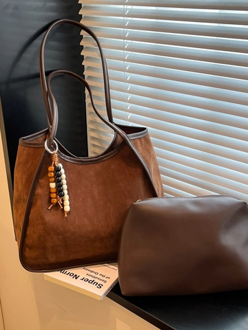 Vintage Wildleder Große Kapazität Einkaufstasche Für Damen Leopardenmuster Patchwork Schultertasche Mit Perlenanhänger Handtasche