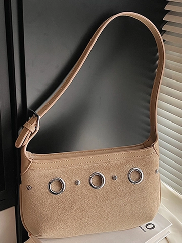 Bolso de Axila de Gamuza Vintage para Mujer Moda Remache Anillo de Metal Decor Bolso de Hombro Retro Color Sólido