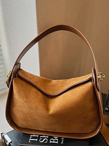 Vintage Suèdestof Patchwork Bowlingtas Voor Vrouwen Casual Minimalistische Schoudertas Crossbody Tas Herfst Mode Handtas