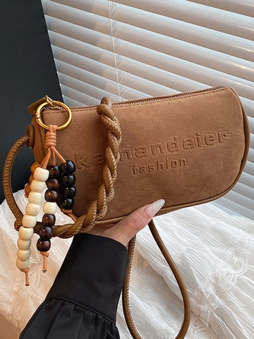 Petit Sac Carré en PU Texture Daim pour Femmes Style Coréen Trajet Sac Bandoulière avec Décoration en Perles de Bois