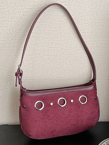Bolso de Axila de Gamuza Vintage para Mujer Moda Remache Anillo de Metal Decor Bolso de Hombro Retro Color Sólido