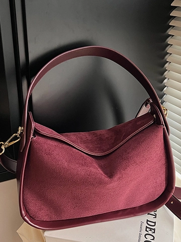 Vintage Suèdestof Patchwork Bowlingtas Voor Vrouwen Casual Minimalistische Schoudertas Crossbody Tas Herfst Mode Handtas