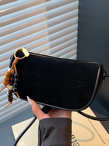 Petit Sac Carré en PU Texture Daim pour Femmes Style Coréen Trajet Sac Bandoulière avec Décoration en Perles de Bois