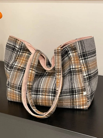 Vintage Suede Woolen Plaid Tote Bag Large Capacity Casual Shoulder Bag Double Sided Check Handbag School Commuter Bag For Women