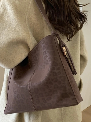 Women Leopard Print Tote Bag Large Capacity Shoulder Bag Retro PU Leather Urban Commuter Bag-In-Bag With Pouch Handbag