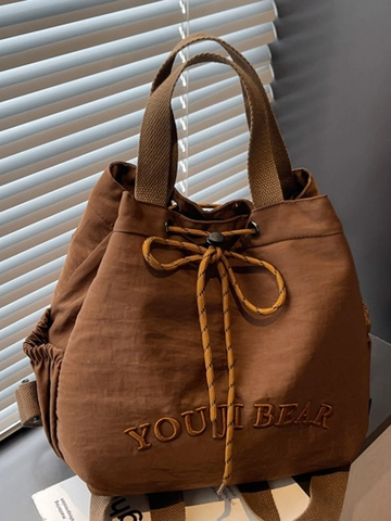 Bolso de Cubo de Tela Casual para Mujer Bolso de Hombro Minimalista Cordón con Bordado Letra Patrón de Oso Versátil Bolso de Mano