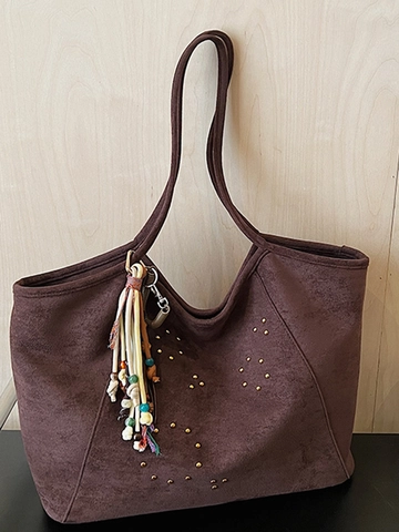 Bolso Tote de Antelina de Gran Capacidad Retro para Mujer Bolso de Hombro con Remaches Minimalista Bolso de Mano Informal
