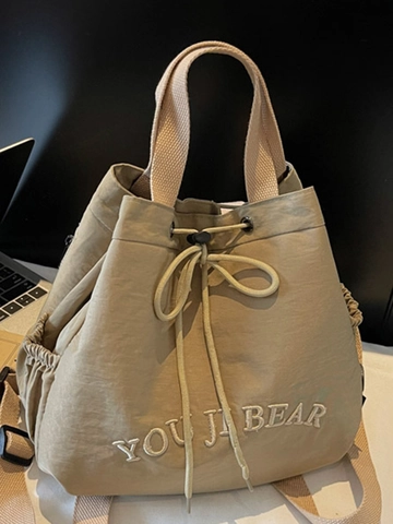 Bolso de Cubo de Tela Casual para Mujer Bolso de Hombro Minimalista Cordón con Bordado Letra Patrón de Oso Versátil Bolso de Mano