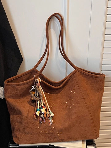 Bolso Tote de Antelina de Gran Capacidad Retro para Mujer Bolso de Hombro con Remaches Minimalista Bolso de Mano Informal