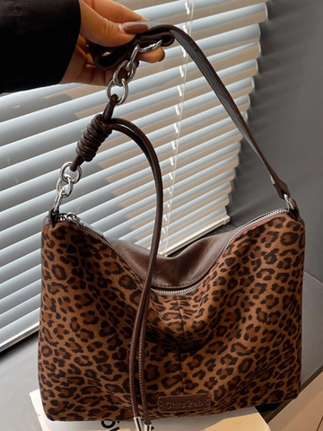 Women Retro Suede Leopard Print Tote Bag Retro Large Capacity Shoulder Bag With Metal Chain Stitching Urban Minimalist Bag