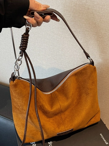 Women Retro Suede Leopard Print Tote Bag Retro Large Capacity Shoulder Bag With Metal Chain Stitching Urban Minimalist Bag