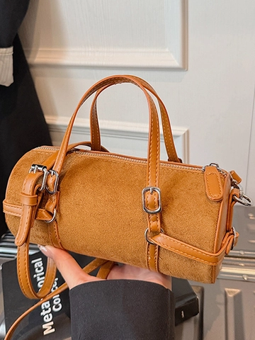 Women Fashion Suede Bowling Bag Retro Simple Crossbody Shoulder Bag With Stitching Detail Casual Handheld Top Handle Bag