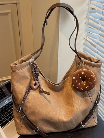 Vintage Große Kapazität PU Leder Tragetasche Für Damen Mode Einfache Umhängetasche Mit Donut Anhänger Alltag Handtasche