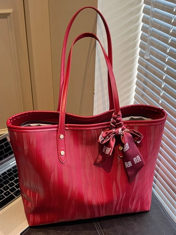 Grote Rode PU Lederen Tote Bag Chinese Bruiloft Stijl Ruit Rimpeling Patroon Met Lint Strik Ornament Dames Schoudertas