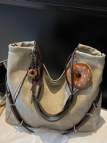 Vintage Große Kapazität PU Leder Tragetasche Für Damen Mode Einfache Umhängetasche Mit Donut Anhänger Alltag Handtasche