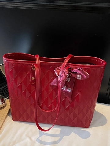 Grote Rode PU Lederen Tote Bag Chinese Bruiloft Stijl Ruit Rimpeling Patroon Met Lint Strik Ornament Dames Schoudertas