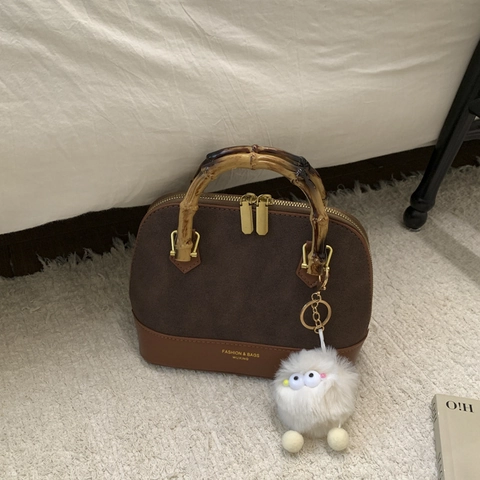 Bamboo Handle Splicing PU Leather Shell Handbag For Women Shoulder Crossbody Bag With Plush Pendant Autumn Retro Style