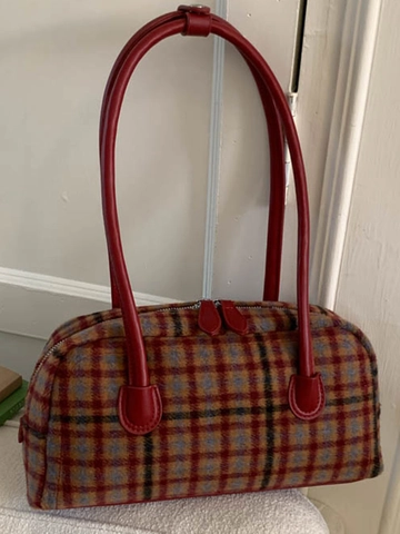 Vintage Plaid Shoulder Bag For Women PU Leather Underarm Bag Retro Checkered Boston Handbag Daily Casual Versatile Purse