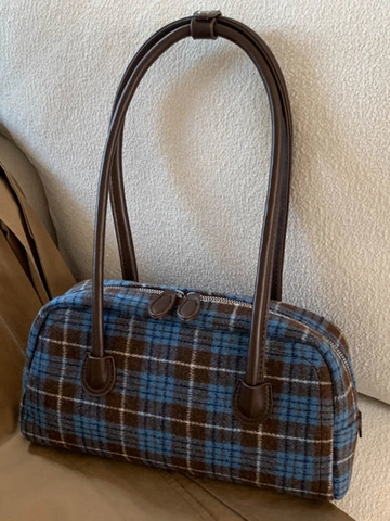 Vintage Plaid Shoulder Bag For Women PU Leather Underarm Bag Retro Checkered Boston Handbag Daily Casual Versatile Purse