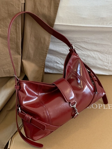 Fashion Glossy PU Leather Baguette Underarm Bag For Women Retro Solid Color Large Capacity Shoulder Crossbody Bag Minimalist Purse
