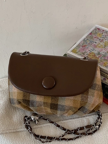 Vintage Plaid Patchwork Shoulder Bag For Women PU Leather Chain Strap Crossbody Bag Casual Commuting Square Saddle Bag