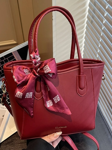 Large Capacity PU Leather Tote Bag For Women Autumn New Solid Color Wine Red Shoulder Bag With Double Happiness Bow Scarf