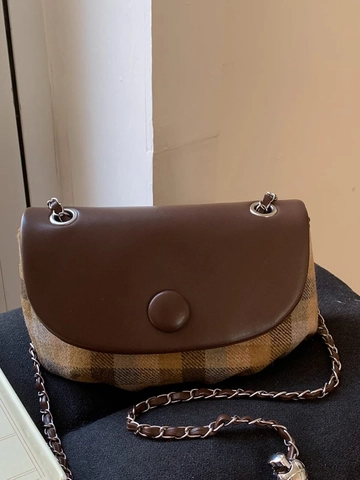Vintage Plaid Patchwork Shoulder Bag For Women PU Leather Chain Strap Crossbody Bag Casual Commuting Square Saddle Bag