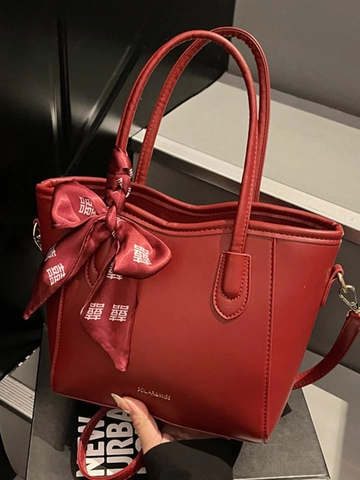 Large Capacity PU Leather Tote Bag For Women Autumn New Solid Color Wine Red Shoulder Bag With Double Happiness Bow Scarf