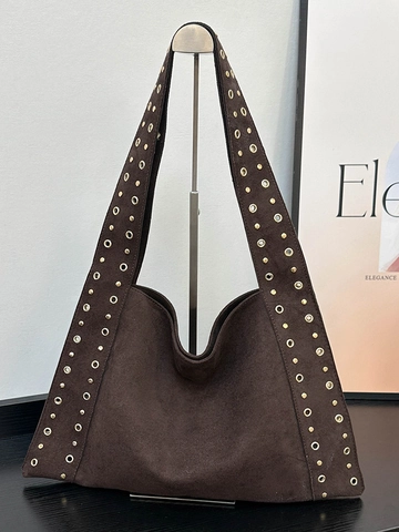 Vintage Damen Schultertasche Wildleder Retro Nieten Ösen Hobo Handtasche Große Kapazität Mode Unterarm Tote Tasche