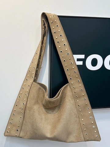 Vintage Damen Schultertasche Wildleder Retro Nieten Ösen Hobo Handtasche Große Kapazität Mode Unterarm Tote Tasche