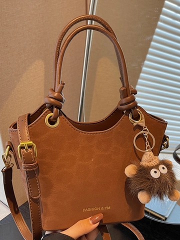 Borsa a Secchiello in Pelle PU con Stampa Leopardata Donna Minimalista Urbana Con Maniglia con Nodo e Ciondolo Mostro di Peluche
