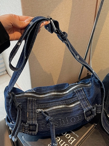 Sac à Épaule en Denim Lavé Vintage pour Femmes Sac Hobo Rétro Y2K Sac Bandoulière Multi Poches Avec Bandoulière Réglable