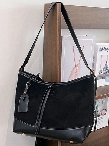 Borsa a Spalla Vintage in Pelle PU Opaca per Donna Grande Capacità Borsa a Secchiello Hobo Patchwork Effetto Scamosciato