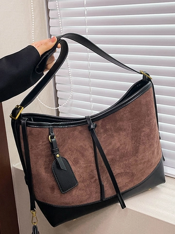 Borsa a Spalla Vintage in Pelle PU Opaca per Donna Grande Capacità Borsa a Secchiello Hobo Patchwork Effetto Scamosciato