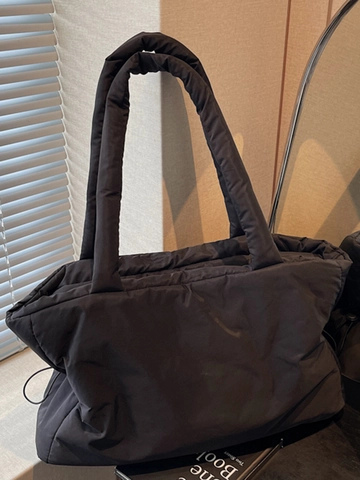 Bolso Tote Acolchado de Poliéster de Gran Capacidad Estilo Coreano Para Mujer Bolso de Hombro Casual Color Sólido Con Cordón Bolso de Mano de Viaje
