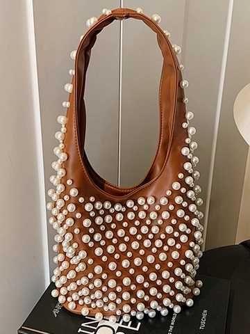 Bolso de Hombro Vintage con Perlas Artificiales y Remaches Mujer de Cuero PU Gran Capacidad Bolso de Axila Moda Diario Fiesta