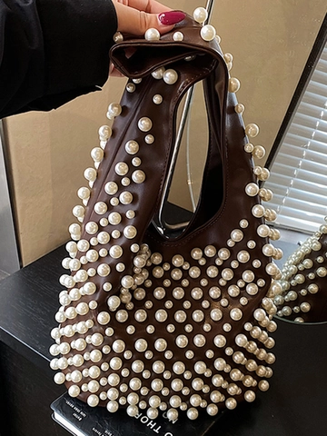 Bolso de Hombro Vintage con Perlas Artificiales y Remaches Mujer de Cuero PU Gran Capacidad Bolso de Axila Moda Diario Fiesta