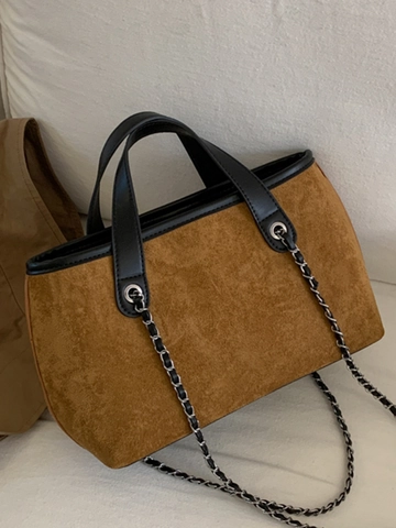 Borsa Tote in Pelle PU Effetto Scamosciato Grande Capacità Donna Moda Cuciture Tracolla Catena Borsa a Mano Pendolare Quotidiana
