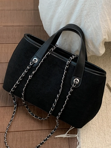Borsa Tote in Pelle PU Effetto Scamosciato Grande Capacità Donna Moda Cuciture Tracolla Catena Borsa a Mano Pendolare Quotidiana
