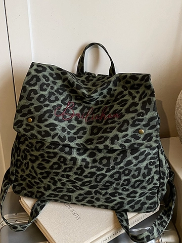 Mochila de Lona con Estampado de Leopardo Retro para Mujer Bolsa Escolar de Viaje de Moda de Gran Capacidad con Bordado