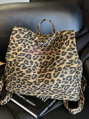 Mochila de Lona con Estampado de Leopardo Retro para Mujer Bolsa Escolar de Viaje de Moda de Gran Capacidad con Bordado