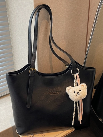 Bolso Tote de Cuero PU Casual de Gran Capacidad para Mujer Con Colgante de Oso de Peluche Bolso de Hombro para Viaje Diario Color Sólido Minimalista con Cremallera